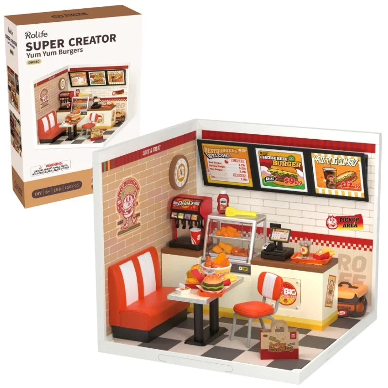 Robotime Diy 3D Puzzle Home Gift Idea Model Supply Store Kit with LED Yum Burger And Leisurely Cheers Bar And Sweet Sips Tea