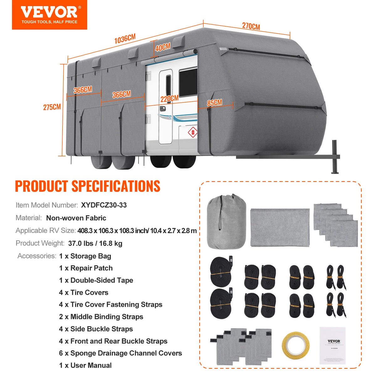 VEVOR Travel Trailer Cover Non-Woven Fabric Camper Cover Windproof and Rip-Stop Class A RV Cover with Storage Bag Repair Patches