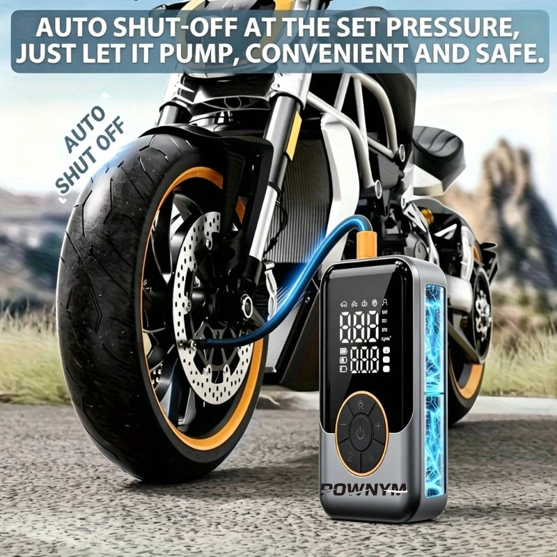 POWNYM Multi-Functional Wireless Tire Inflator Jump Starter, Portable Air Pump with Digital Gauge, LED Light & All Nozzle Adapters for All Vehicles & Balls