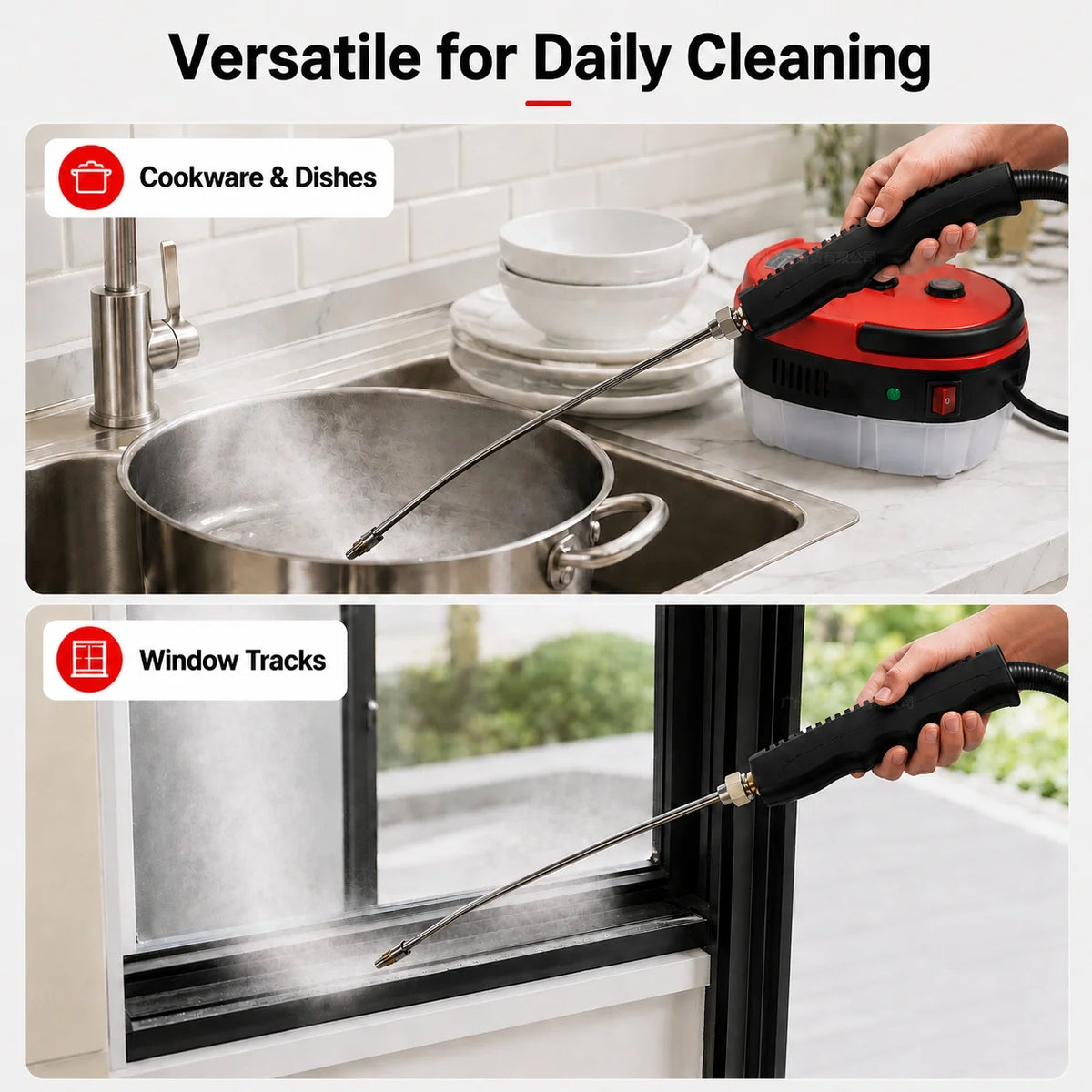 Small and Portable High-Pressure Red White Steam Cleaner With Brush Heads Handheld Sanitizing 6-Speed Settings Extended Hose Large Capacity Removes Grease Dust Mites for Air Conditioners Range Hoods Floors Bathrooms Cookware