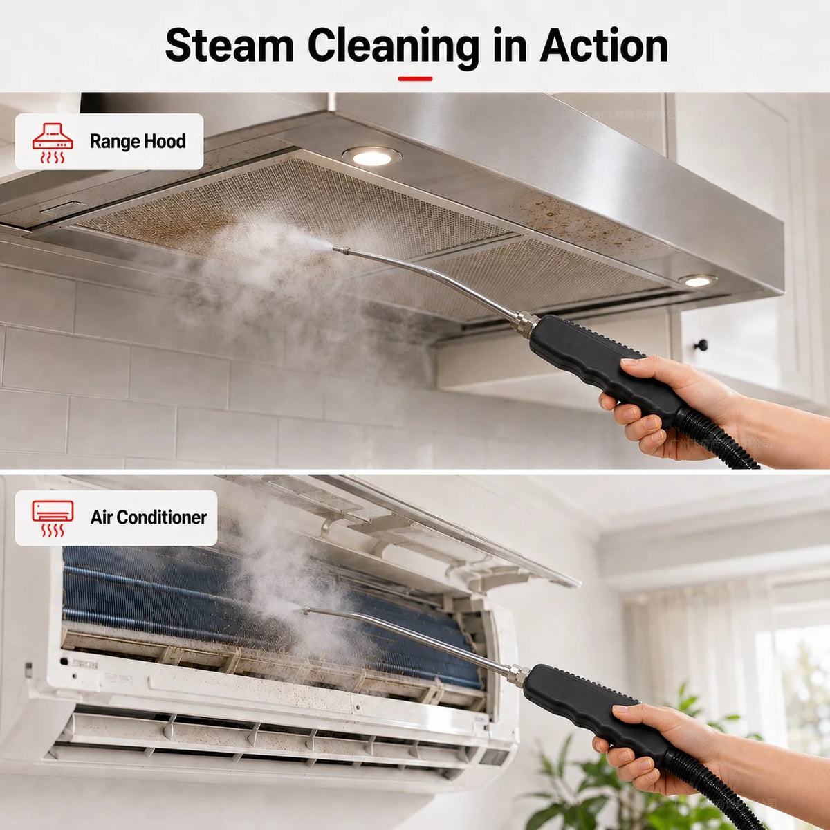 Small and Portable High-Pressure Red White Steam Cleaner With Brush Heads Handheld Sanitizing 6-Speed Settings Extended Hose Large Capacity Removes Grease Dust Mites for Air Conditioners Range Hoods Floors Bathrooms Cookware