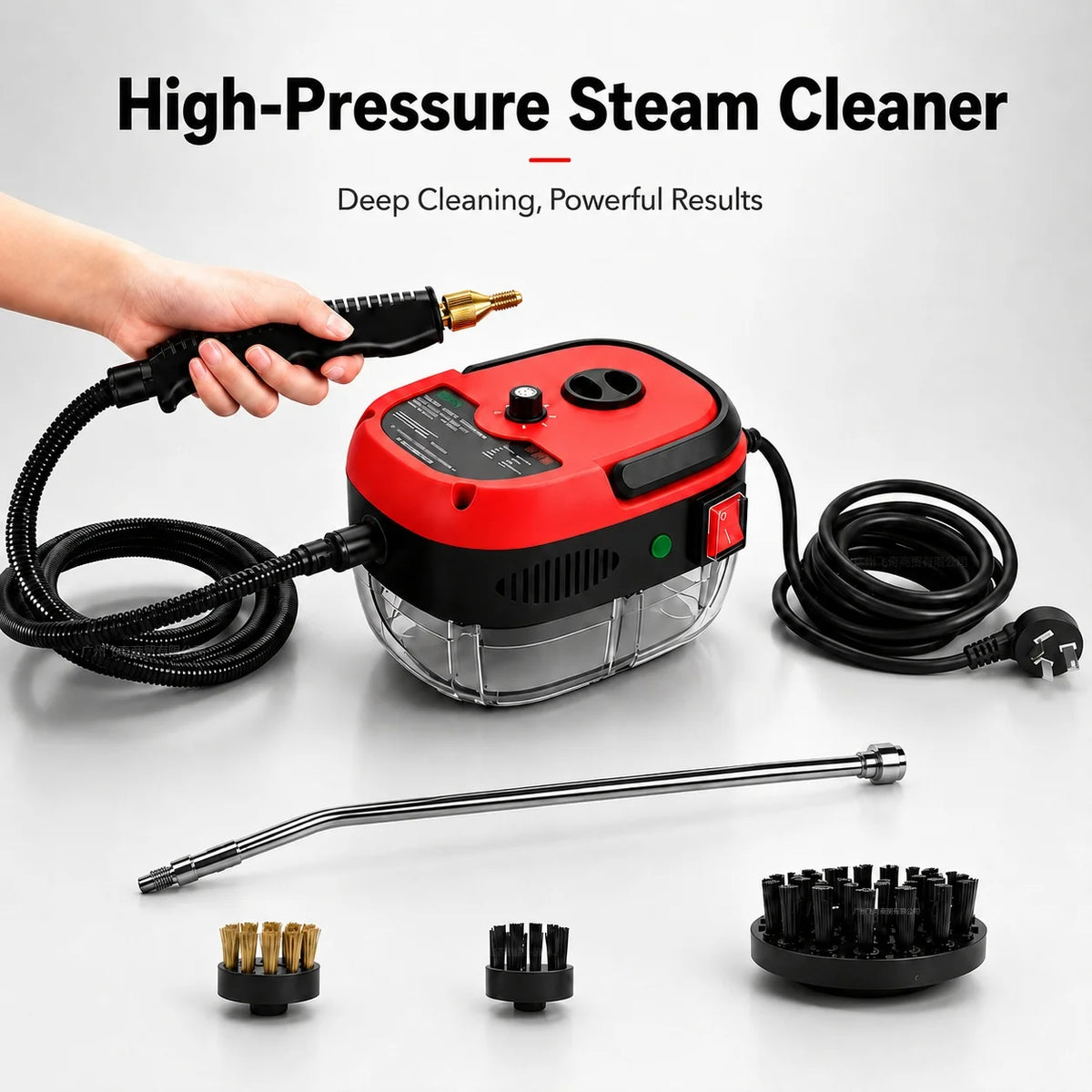 Small and Portable High-Pressure Red White Steam Cleaner With Brush Heads Handheld Sanitizing 6-Speed Settings Extended Hose Large Capacity Removes Grease Dust Mites for Air Conditioners Range Hoods Floors Bathrooms Cookware