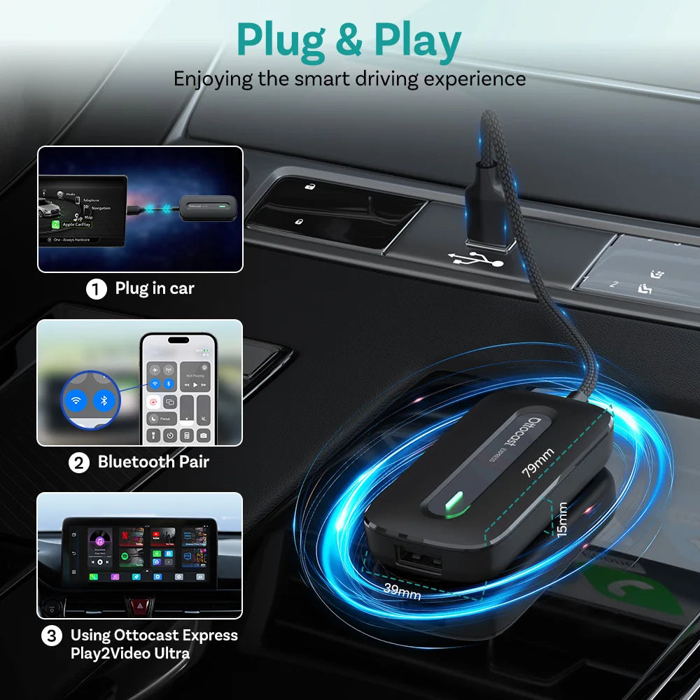 OTTOCAST Play2Video Express Wireless CarPlay Android Auto Adapter for Youtube Netflix Car Accessorie for Benz Ford VW Kia Toyota