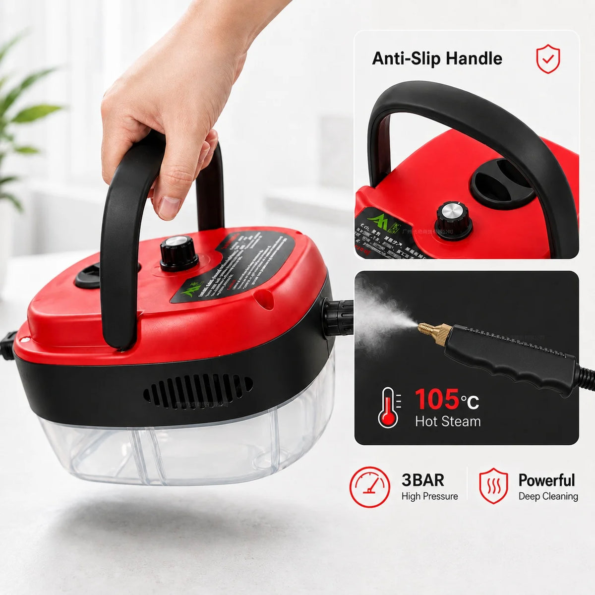 Small and Portable High-Pressure Red White Steam Cleaner With Brush Heads Handheld Sanitizing 6-Speed Settings Extended Hose Large Capacity Removes Grease Dust Mites for Air Conditioners Range Hoods Floors Bathrooms Cookware