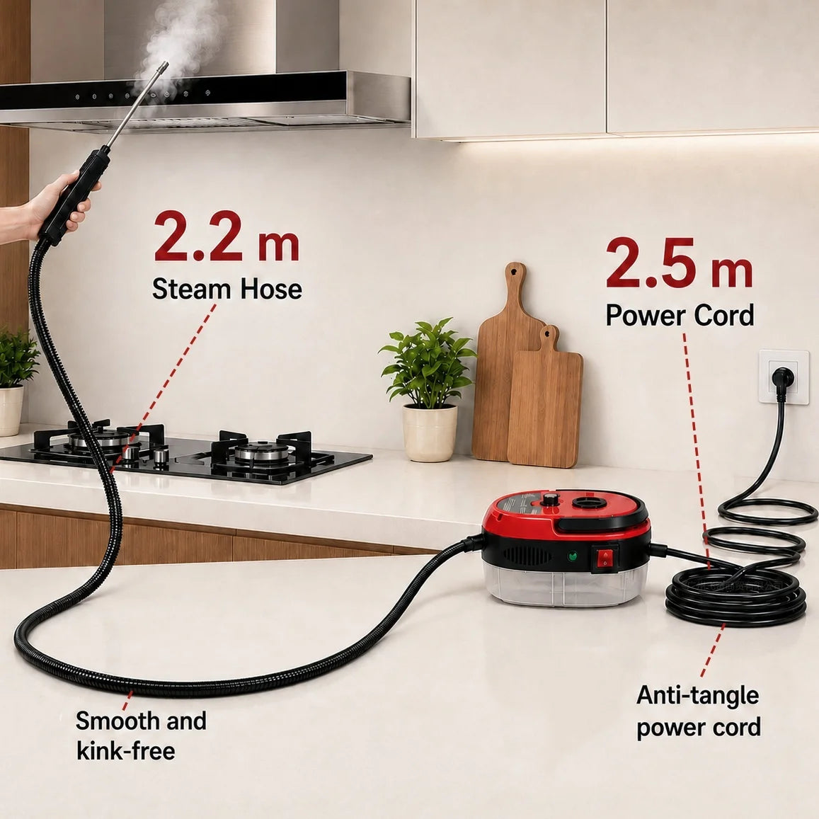 Small and Portable High-Pressure Red White Steam Cleaner With Brush Heads Handheld Sanitizing 6-Speed Settings Extended Hose Large Capacity Removes Grease Dust Mites for Air Conditioners Range Hoods Floors Bathrooms Cookware