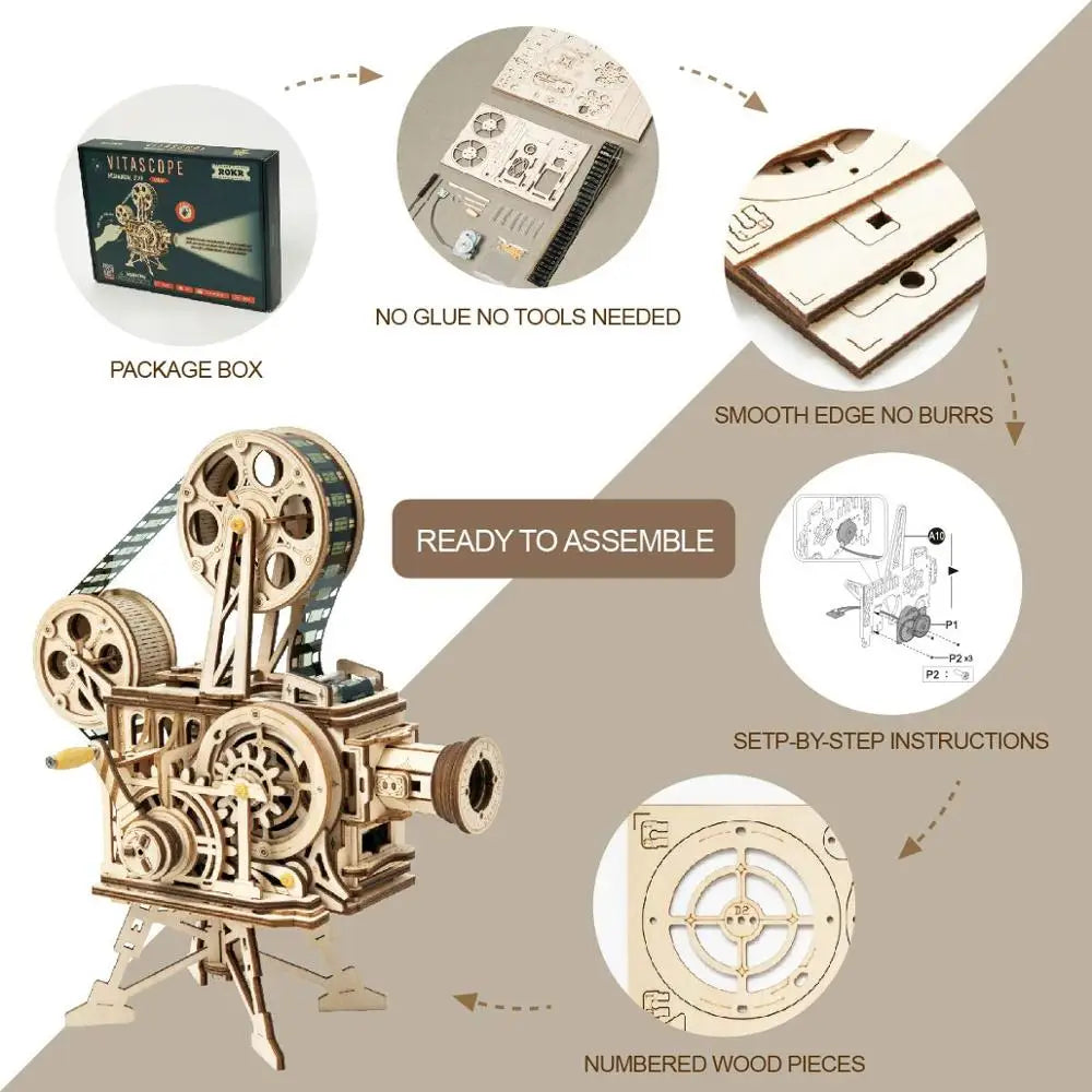 Robotime ROKR Hand Crank Projector Vitascope 3D Wooden Puzzle LK601