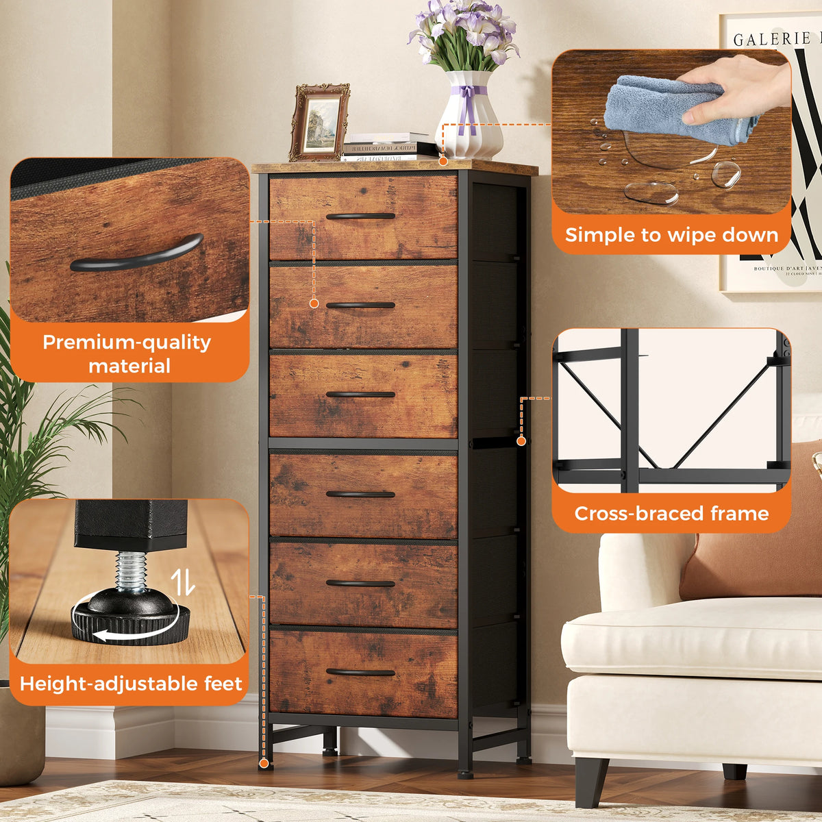 JHK Fabric Drawer Dresser with Wood Top and Metal Frame