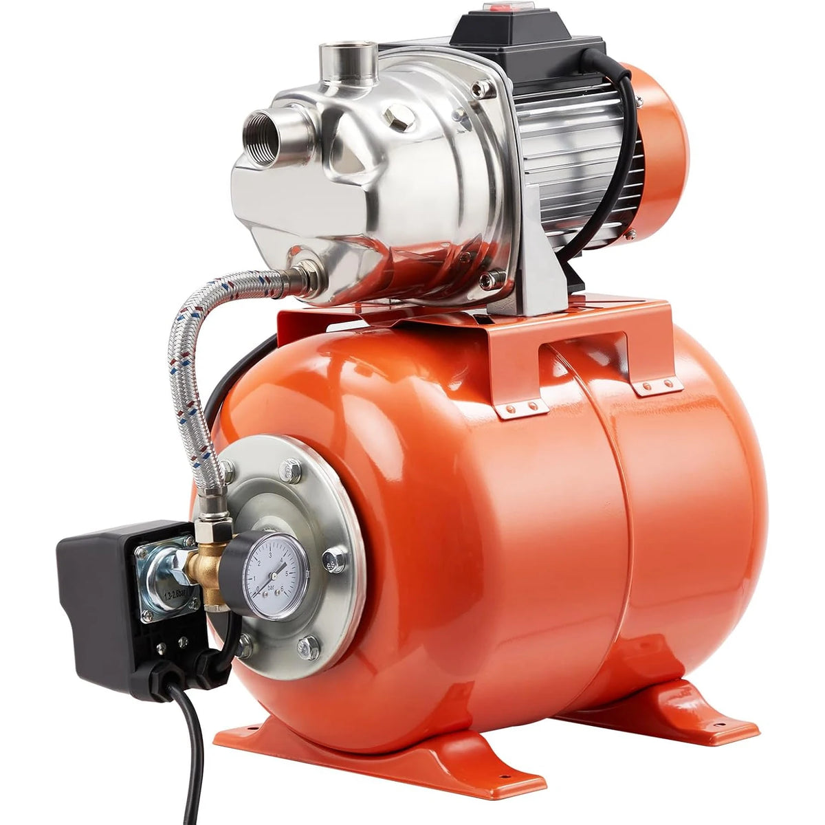 1HP Shallow Well Pump With Pressure Tank, Water Transfer Pump 115V, Stainless Steel Irrigation Pump for Sprinkler System, Automatic Water Booster Jet Pump for Home, Garden, Pool, Lawn