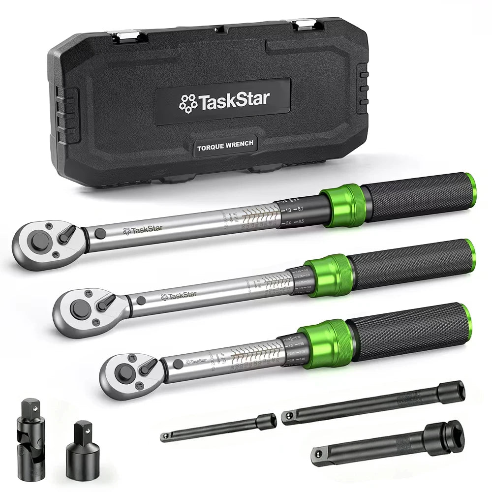 TaskStar 3PCS Preset Click Torque Wrench Set 1/4" 3/8" 1/2" Drive 5-210N.m Dual-scale ±3% High Precision Manual Ratchet Torque Spanner For Car Motorcycle Bike Repair