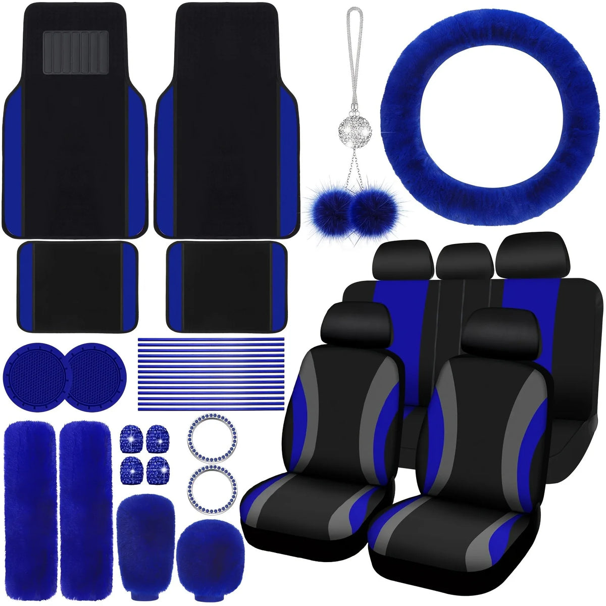 47pcs Car Seat Cover Full Set Car Seat Covers for Car Front Rear Seat Cover Fluffy Steering Wheel Cover Seat Belt Automotive Floor Mats Car Air Conditioner Decoration Strip Car Accessories Women