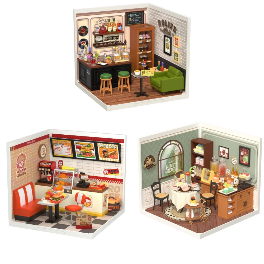 Robotime Diy 3D Puzzle Home Gift Idea Model Supply Store Kit with LED Yum Burger And Leisurely Cheers Bar And Sweet Sips Tea