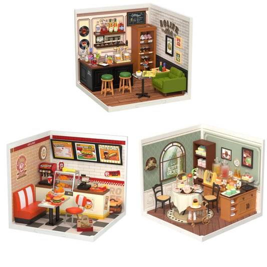 Robotime Diy 3D Puzzle Home Gift Idea Model Supply Store Kit with LED Yum Burger And Leisurely Cheers Bar And Sweet Sips Tea