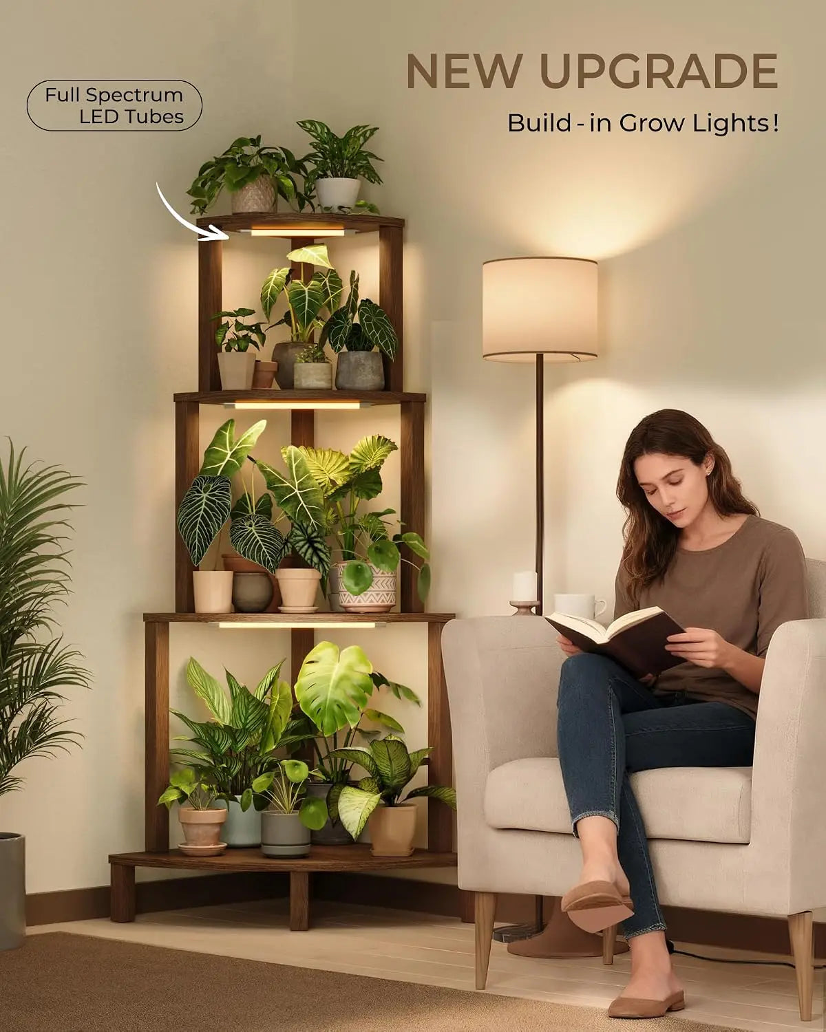Corner Wooden Plant Stand With Full Spectrum Grow Lights, 4 Tier Indoor Tall Flower Pot Storage Shelf, Vertical Plant Holder Display Rack For Living Room Balcony Garden Decor, Natural Brown