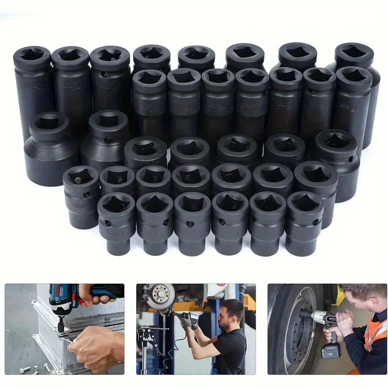 35pcs Impact Socket Set.35pcs 1/2-inch Professional Pneumatic Socket Set- Comprehensive Automotive Maintenance Kit, Including Long And Short Sockets, Pneumatic Impact Wrench, Hex Extension Bars And Rotating Tools for Convenie