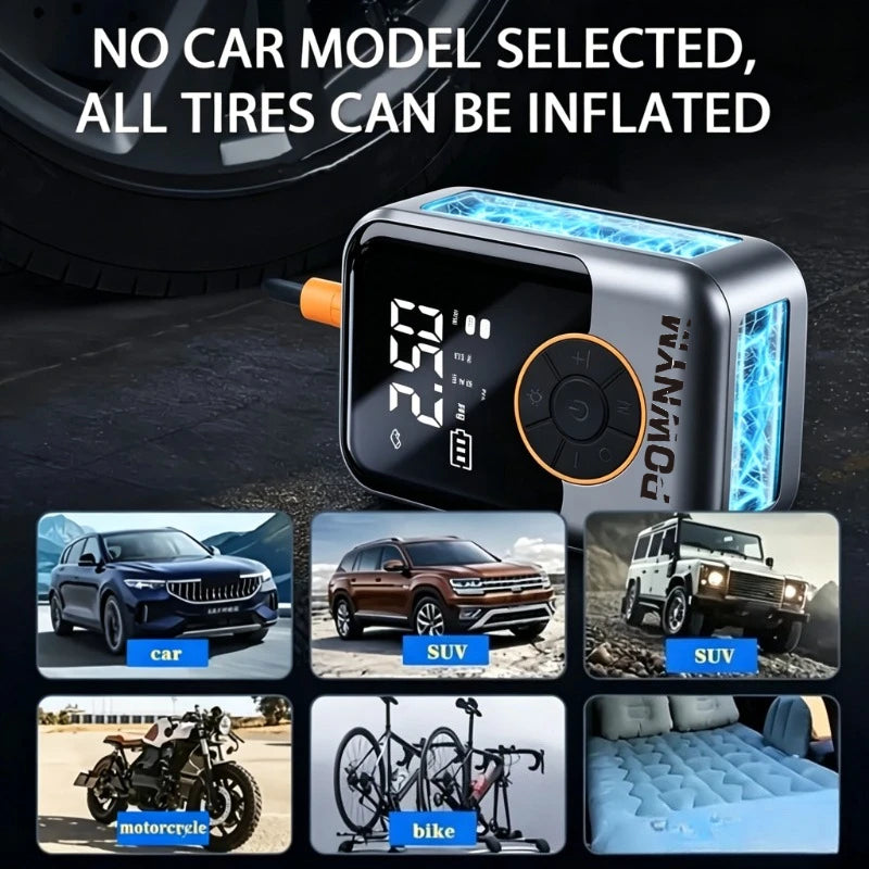 POWNYM Multi-Functional Wireless Tire Inflator Jump Starter, Portable Air Pump with Digital Gauge, LED Light & All Nozzle Adapters for All Vehicles & Balls