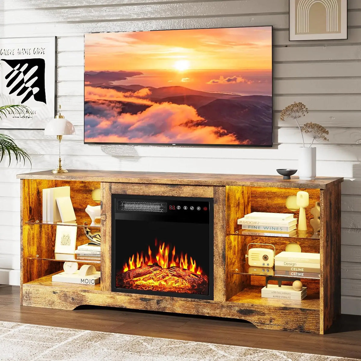 Fireplace TV Stand with 18" Fireplace Up to 65" TVs, 58" Entertainment Center with LED Lights, TV Media Console with, Custom