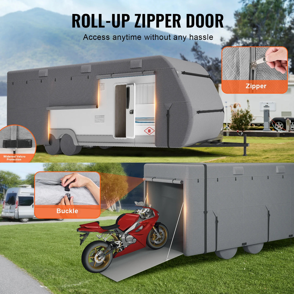 VEVOR Travel Trailer Cover Non-Woven Fabric Camper Cover Windproof and Rip-Stop Class A RV Cover with Storage Bag Repair Patches