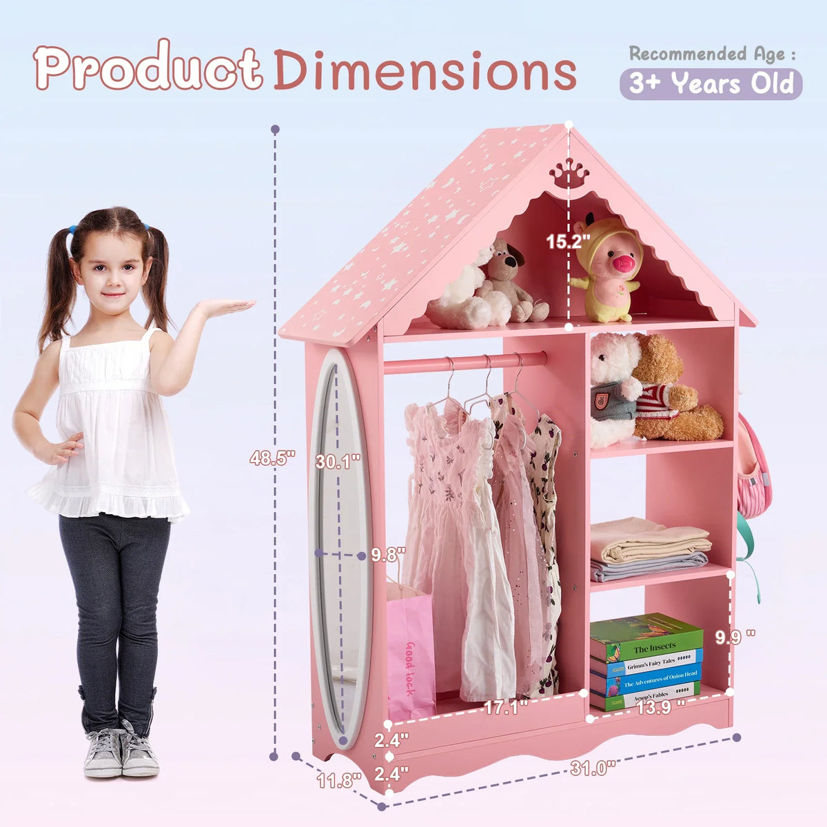 Pink and white star-printed MDF, spray-painted, 1 mirror, 3-tier shelf, 1 clothes rod, children's wardrobe