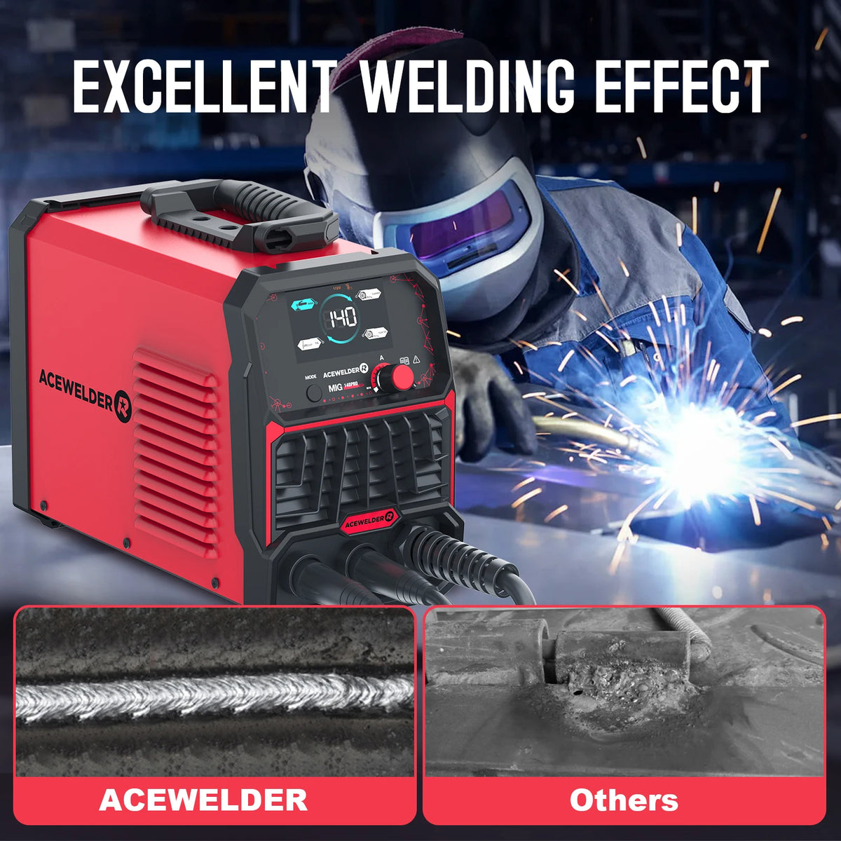 ACEWELDER 140A MIG Welder 110V Flux Cored MlG 3 In 1 Lift TIG Stick ARC Welder Large LED Display Digital Welding Machine