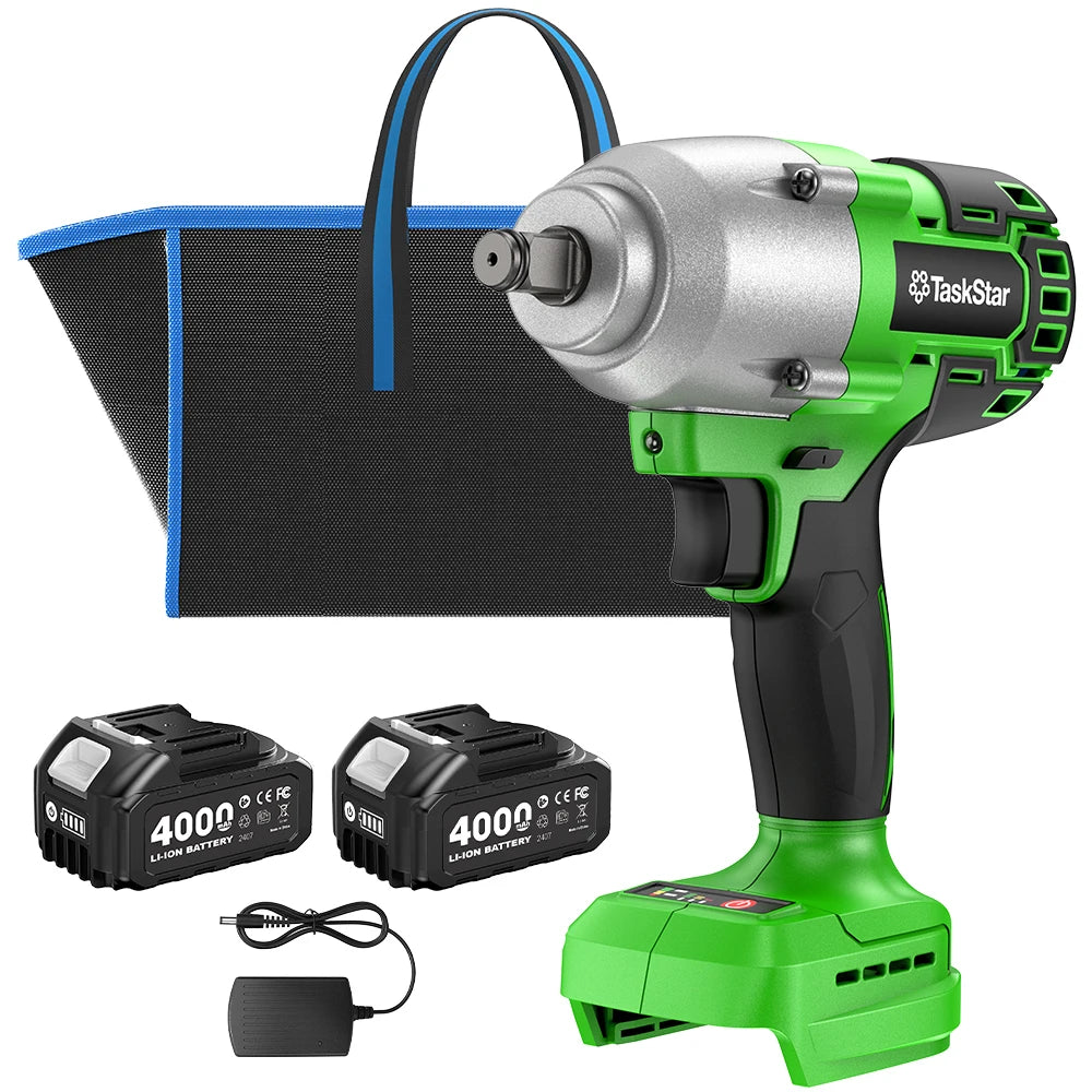 TaskStar 1600N.M 21V Cordless Impact Wrench with 3 Variable Speeds LED Light Sockets Brushless High Torque 1/2 Impact Gun Screwdriver Power Tools Car dismantling tools For Makita 18V Battery Pin