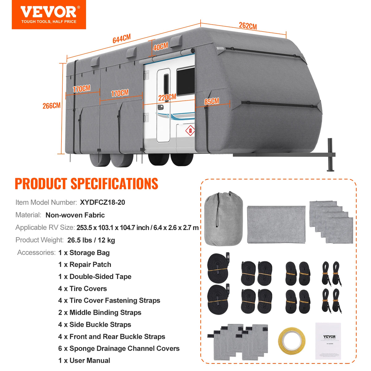 VEVOR Travel Trailer Cover Non-Woven Fabric Camper Cover Windproof and Rip-Stop Class A RV Cover with Storage Bag Repair Patches