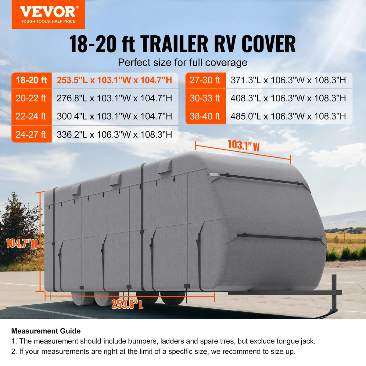 VEVOR Travel Trailer Cover Non-Woven Fabric Camper Cover Windproof and Rip-Stop Class A RV Cover with Storage Bag Repair Patches