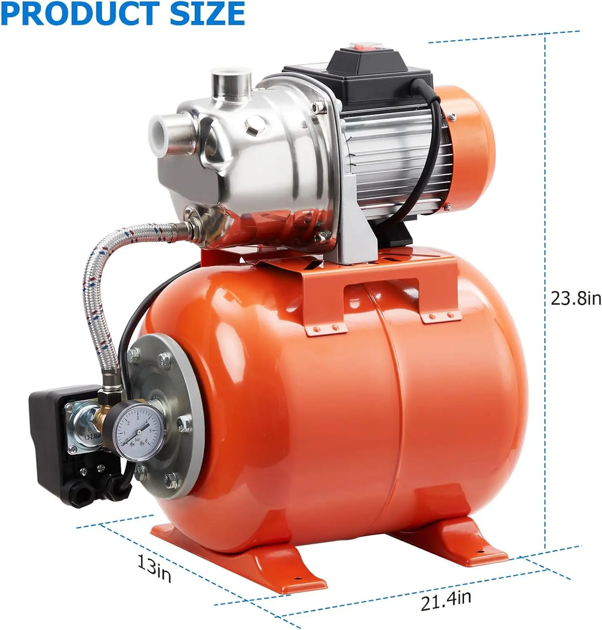 1HP Shallow Well Pump With Pressure Tank, Water Transfer Pump 115V, Stainless Steel Irrigation Pump for Sprinkler System, Automatic Water Booster Jet Pump for Home, Garden, Pool, Lawn