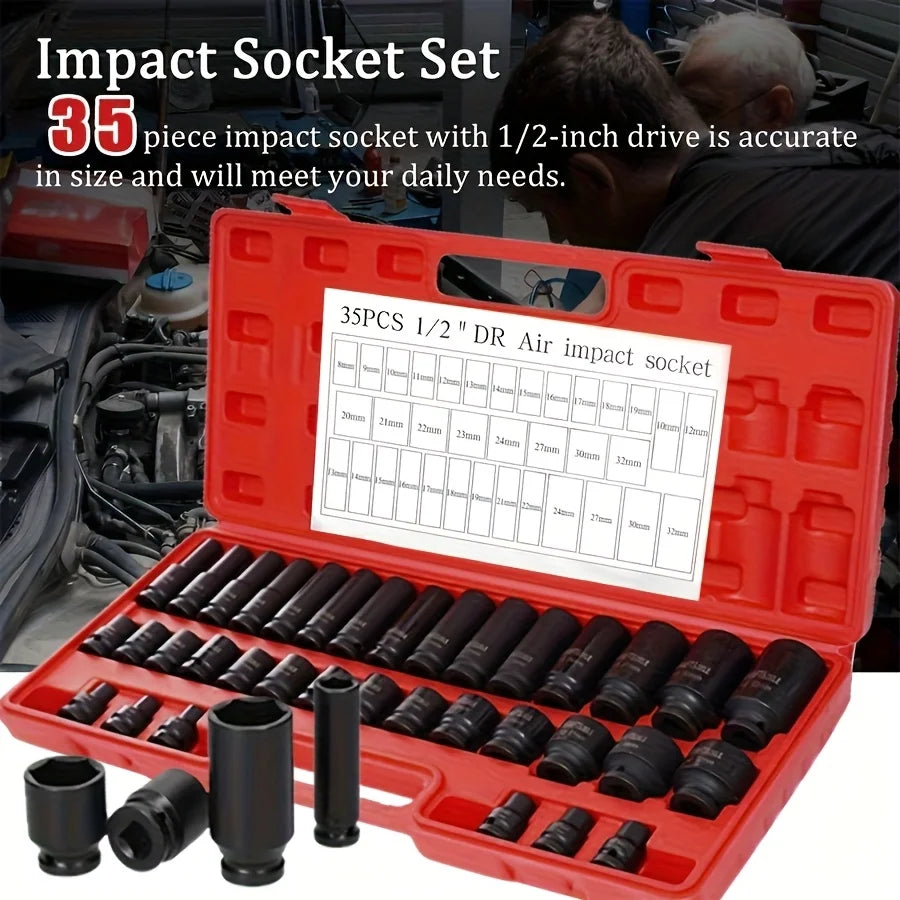 35pcs Impact Socket Set.35pcs 1/2-inch Professional Pneumatic Socket Set- Comprehensive Automotive Maintenance Kit, Including Long And Short Sockets, Pneumatic Impact Wrench, Hex Extension Bars And Rotating Tools for Convenie