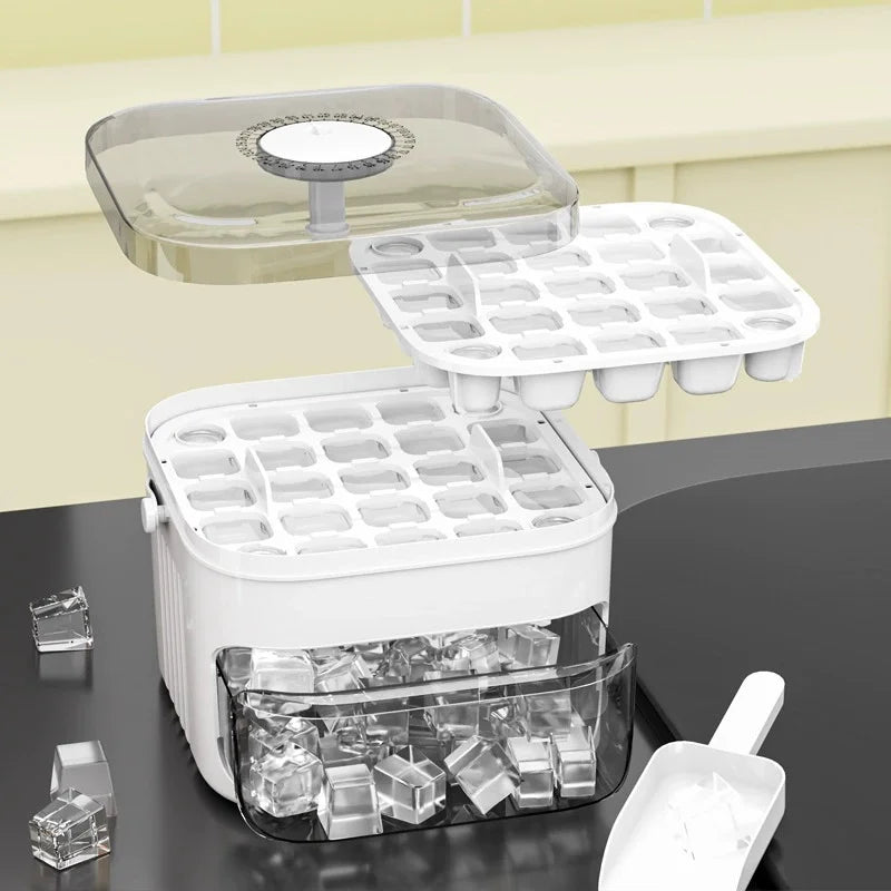 Compact Double Layer Ice Cube Tray With Lid And Pull Out Drawer