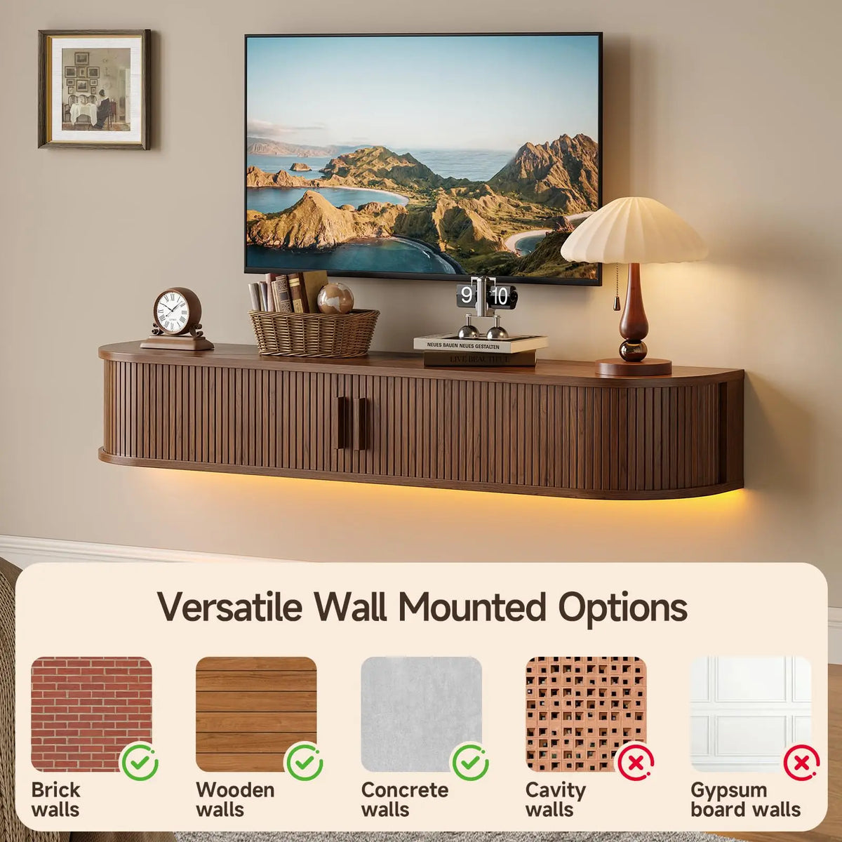ONBRILL Floating TV Stand With LED Lights And Power Outlet
