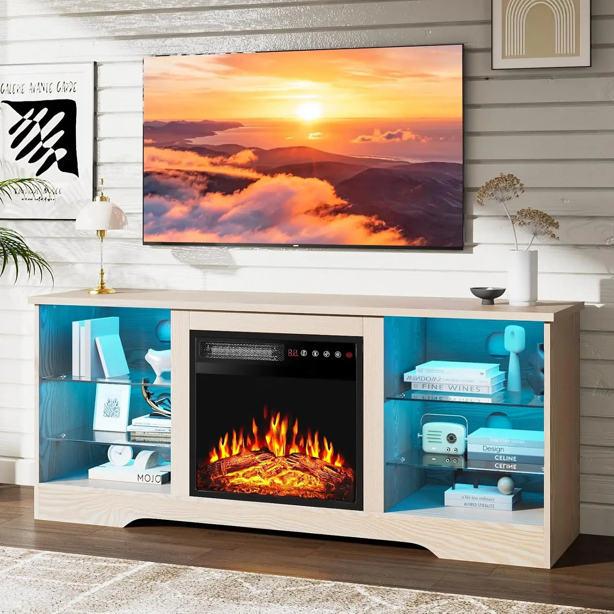 Fireplace TV Stand with 18" Fireplace Up to 65" TVs, 58" Entertainment Center with LED Lights, TV Media Console with, Custom