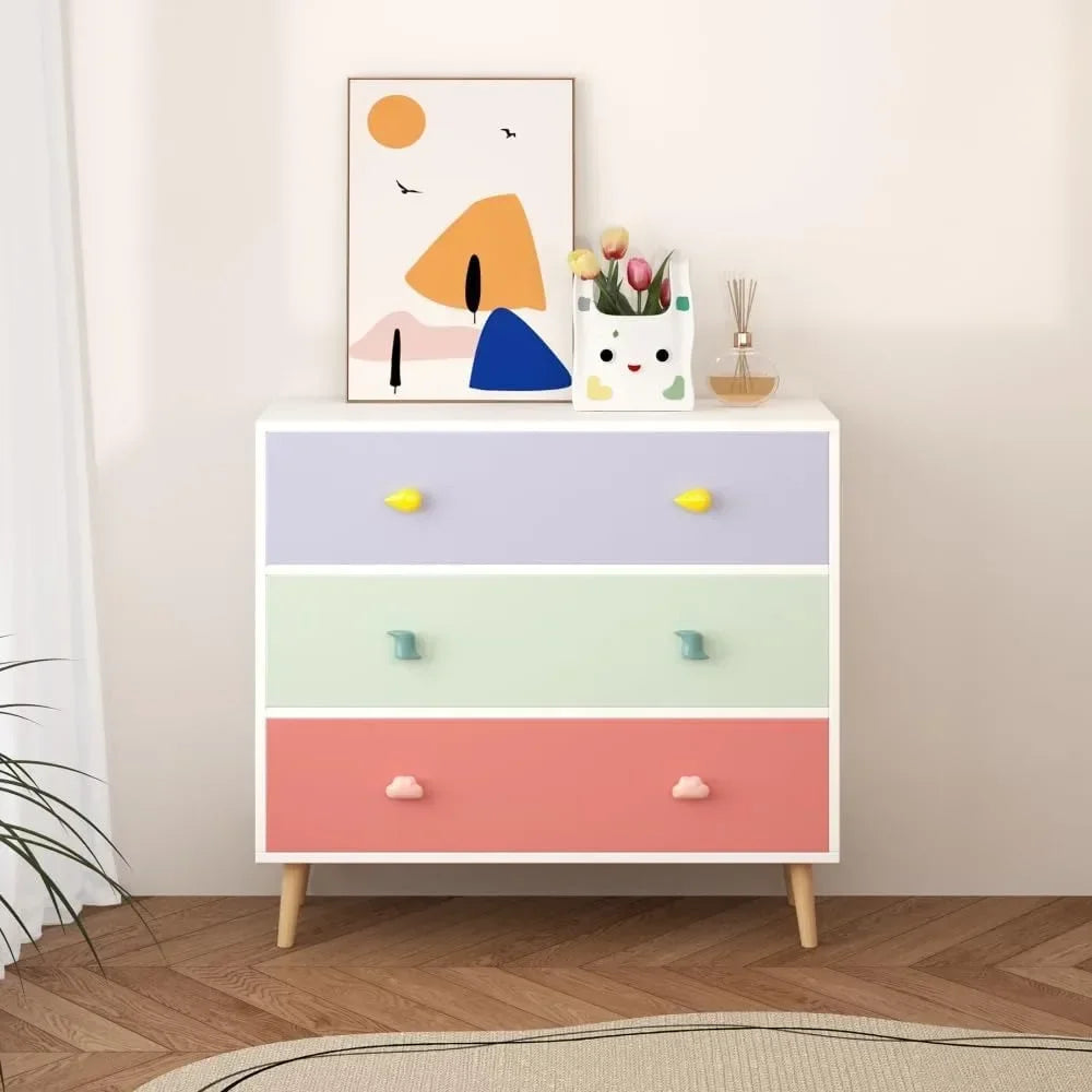 Children's Wooden 3-Drawer Nightstand with Storage Cabinet, Toddler Room Euro Glide Night Table for Child Safety and Organizatio