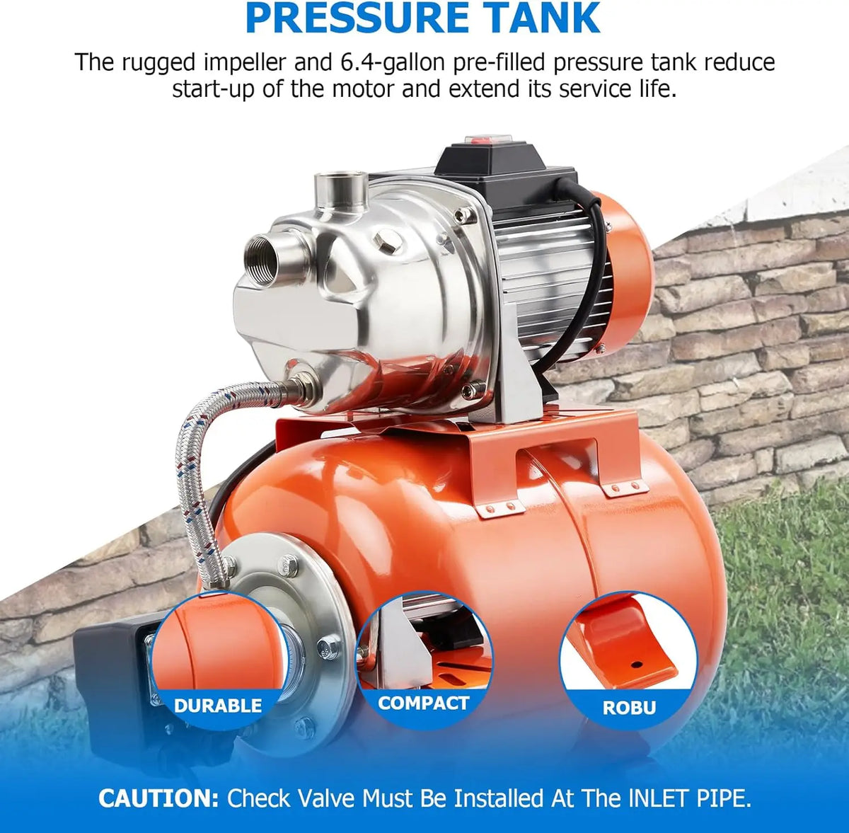 1HP Shallow Well Pump With Pressure Tank, Water Transfer Pump 115V, Stainless Steel Irrigation Pump for Sprinkler System, Automatic Water Booster Jet Pump for Home, Garden, Pool, Lawn