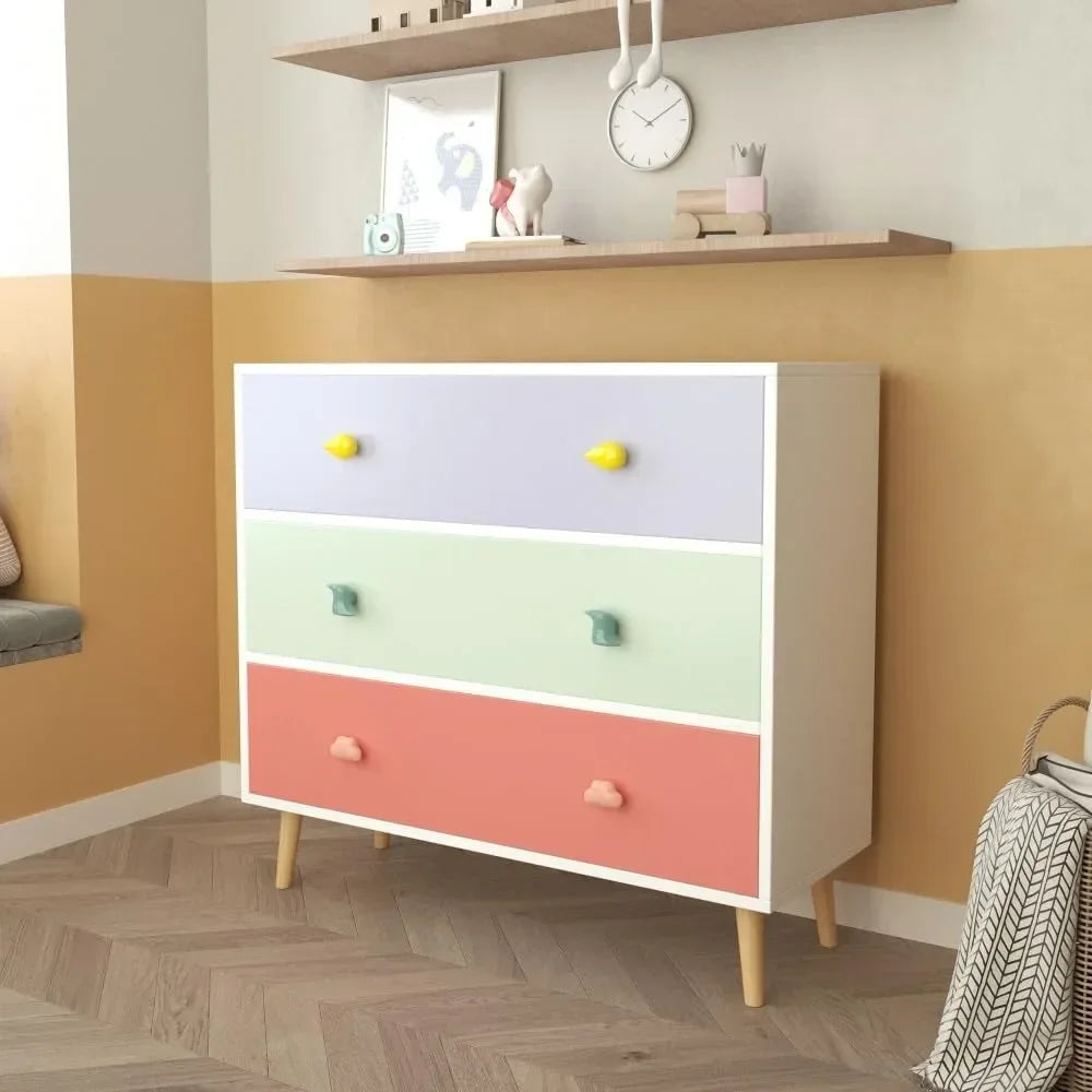 Children's Wooden 3-Drawer Nightstand with Storage Cabinet, Toddler Room Euro Glide Night Table for Child Safety and Organizatio