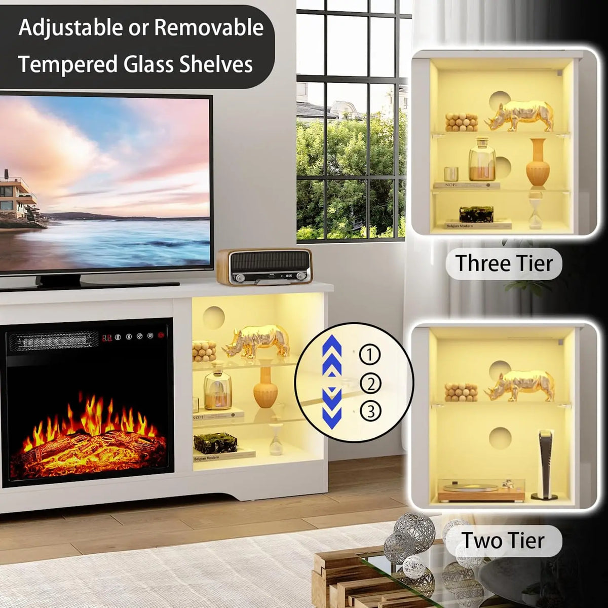 Fireplace TV Stand with 18" Fireplace Up to 65" TVs, 58" Entertainment Center with LED Lights, TV Media Console with, Custom