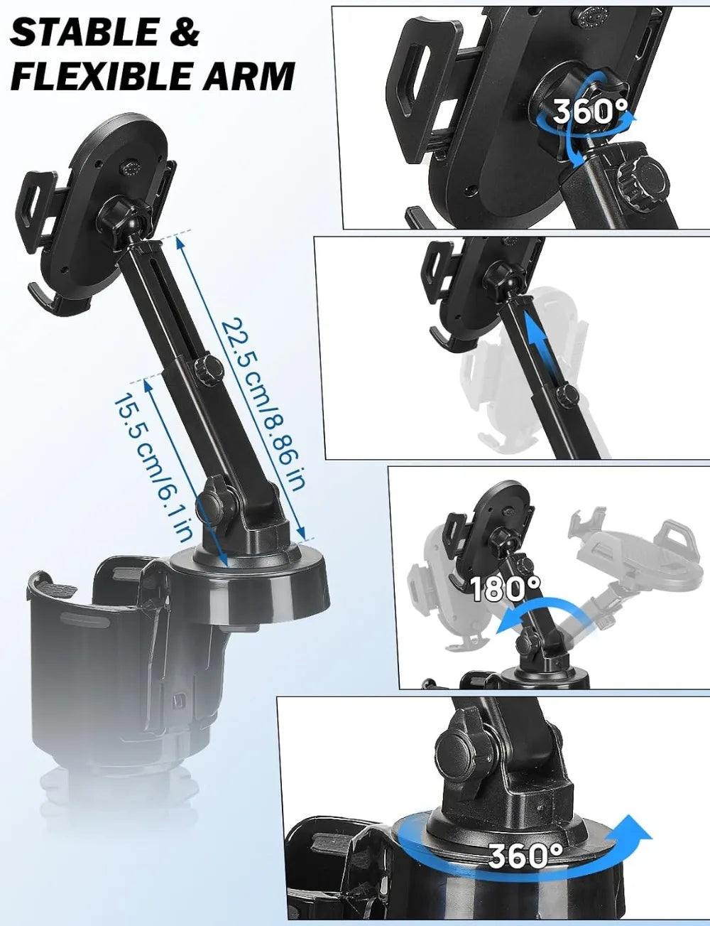 Car Cup Holder Phone Mount, Long Arm with 360° Rotation, Fits iPhone Samsung All Smartphones, Black 1 Pack