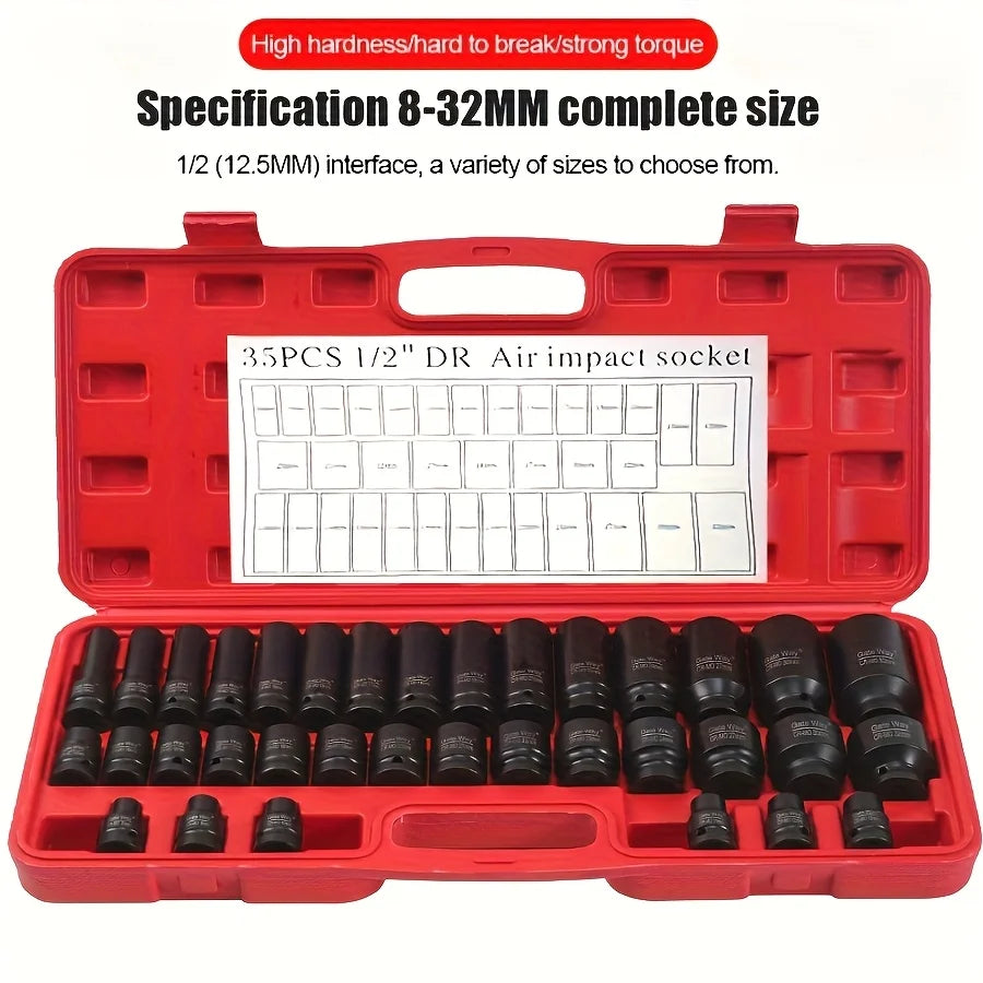 35pcs Impact Socket Set.35pcs 1/2-inch Professional Pneumatic Socket Set- Comprehensive Automotive Maintenance Kit, Including Long And Short Sockets, Pneumatic Impact Wrench, Hex Extension Bars And Rotating Tools for Convenie