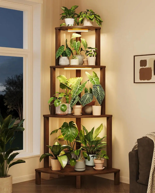 Corner Wooden Plant Stand With Full Spectrum Grow Lights, 4 Tier Indoor Tall Flower Pot Storage Shelf, Vertical Plant Holder Display Rack For Living Room Balcony Garden Decor, Natural Brown