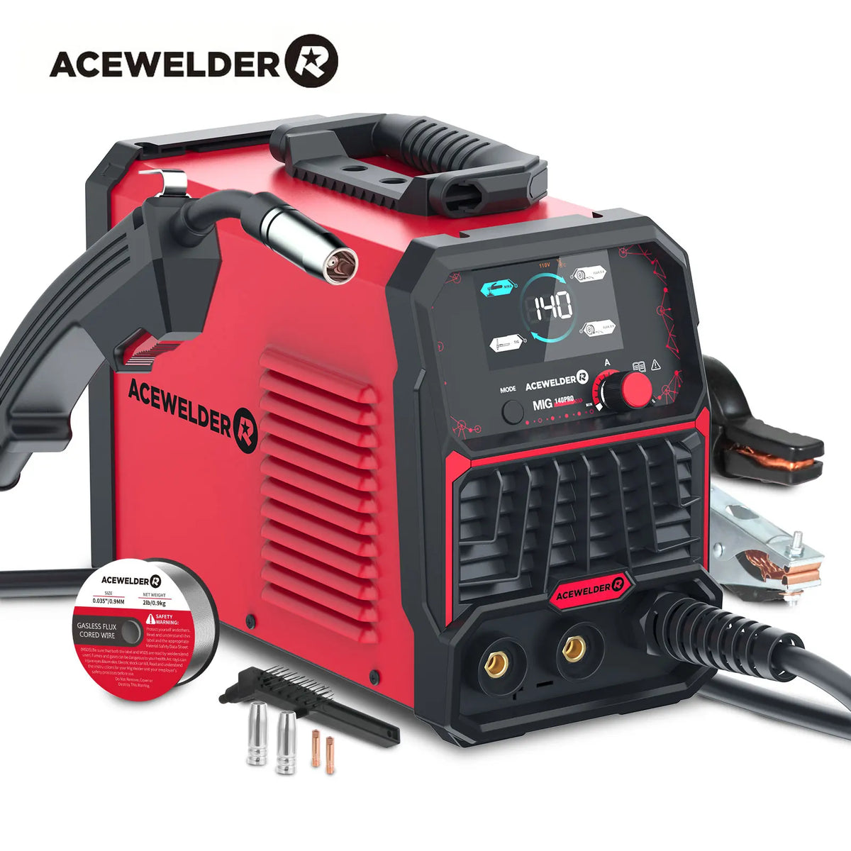 ACEWELDER 140A MIG Welder 110V Flux Cored MlG 3 In 1 Lift TIG Stick ARC Welder Large LED Display Digital Welding Machine