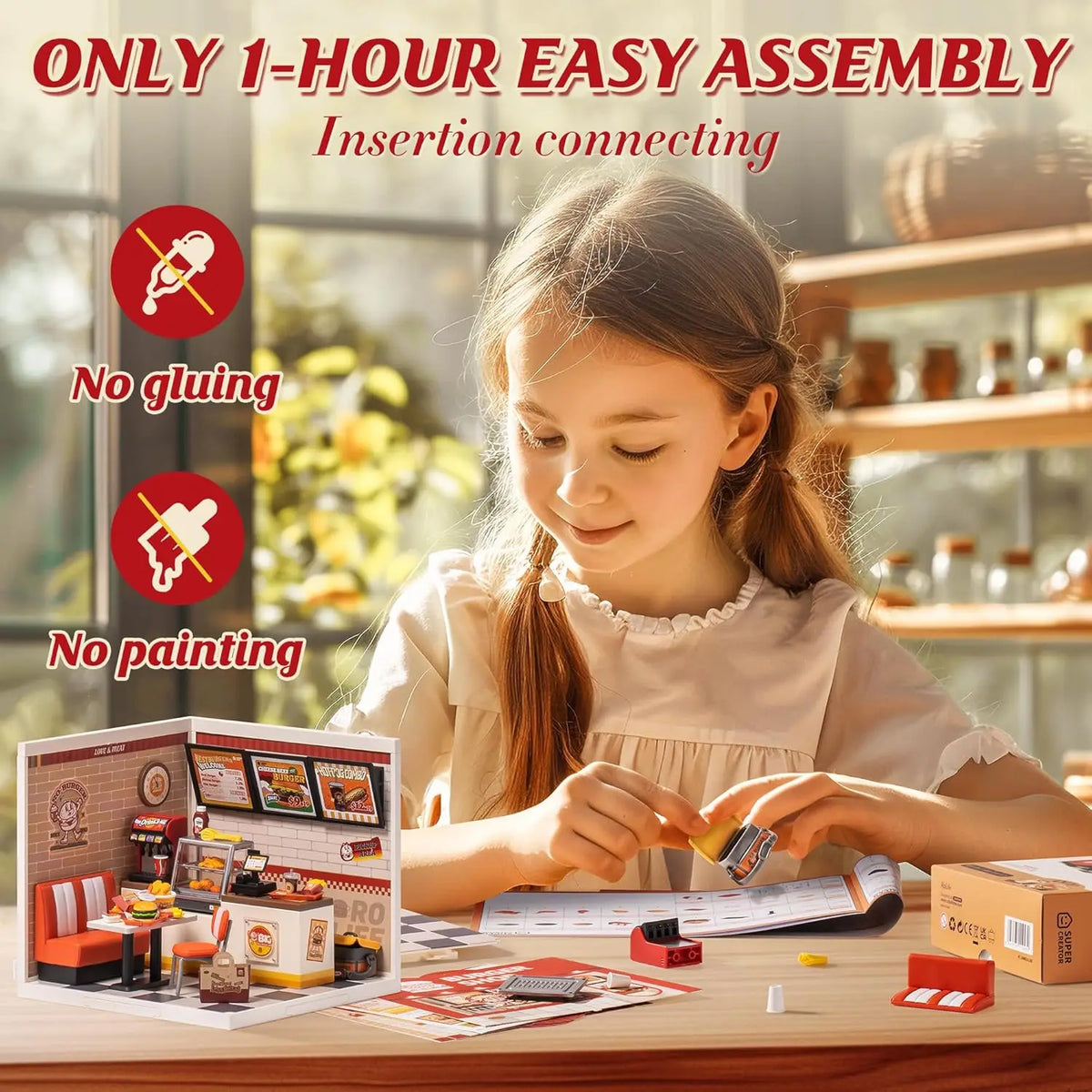 Robotime Diy 3D Puzzle Home Gift Idea Model Supply Store Kit with LED Yum Burger And Leisurely Cheers Bar And Sweet Sips Tea