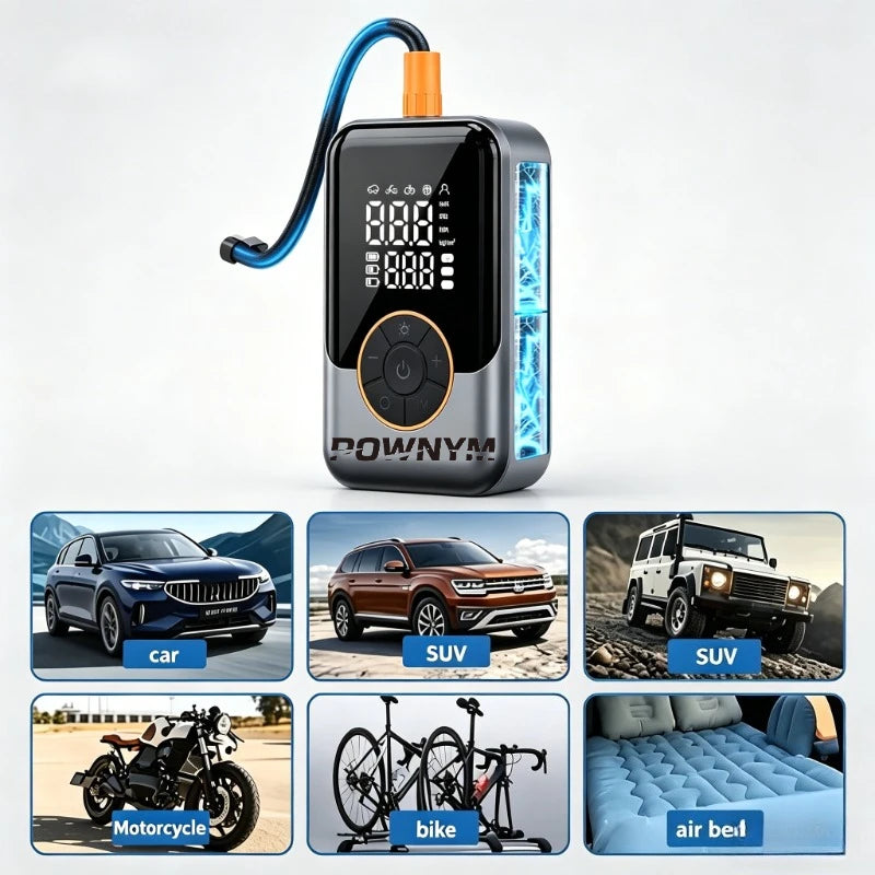 POWNYM Multi-Functional Wireless Tire Inflator Jump Starter, Portable Air Pump with Digital Gauge, LED Light & All Nozzle Adapters for All Vehicles & Balls