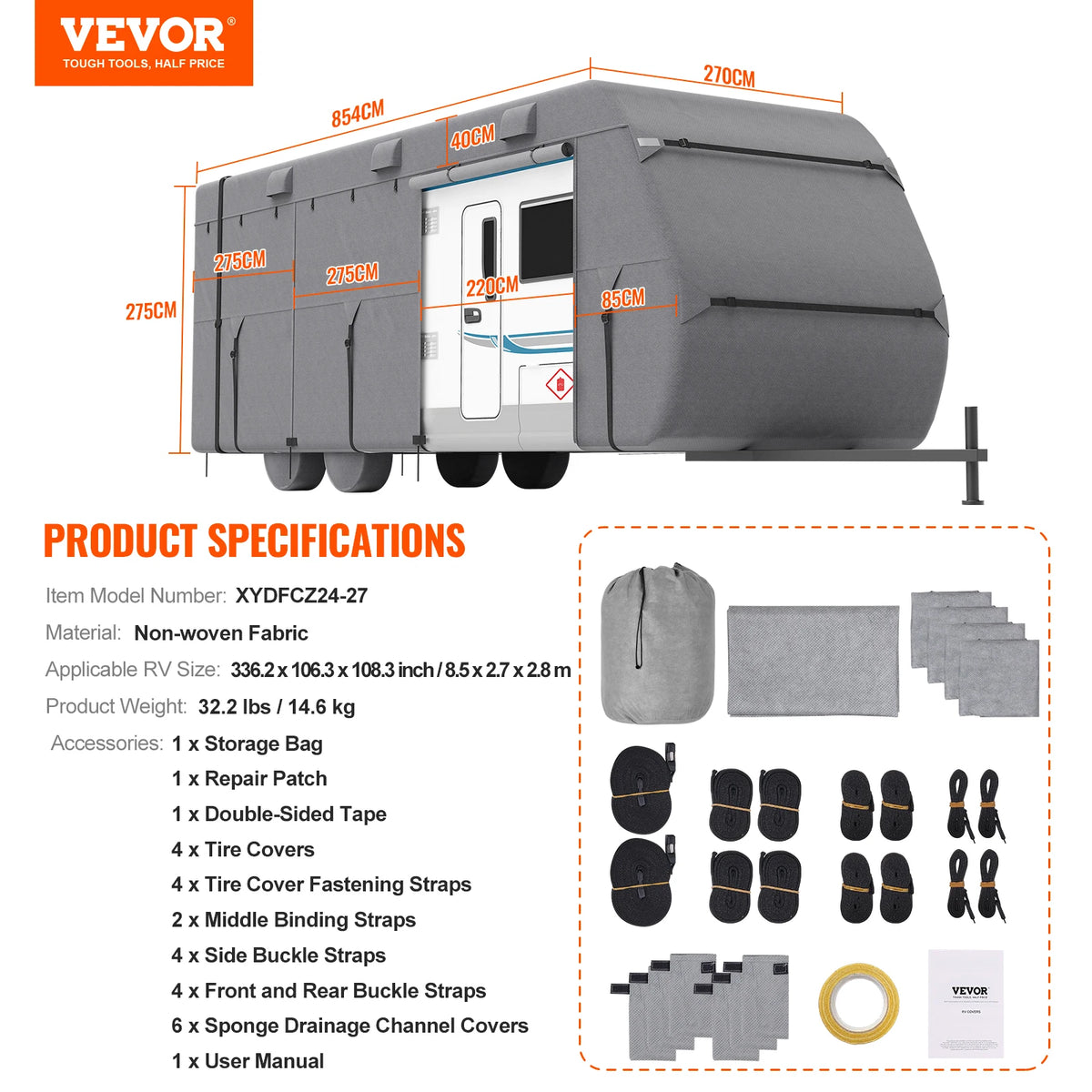 VEVOR Travel Trailer Cover Non-Woven Fabric Camper Cover Windproof and Rip-Stop Class A RV Cover with Storage Bag Repair Patches