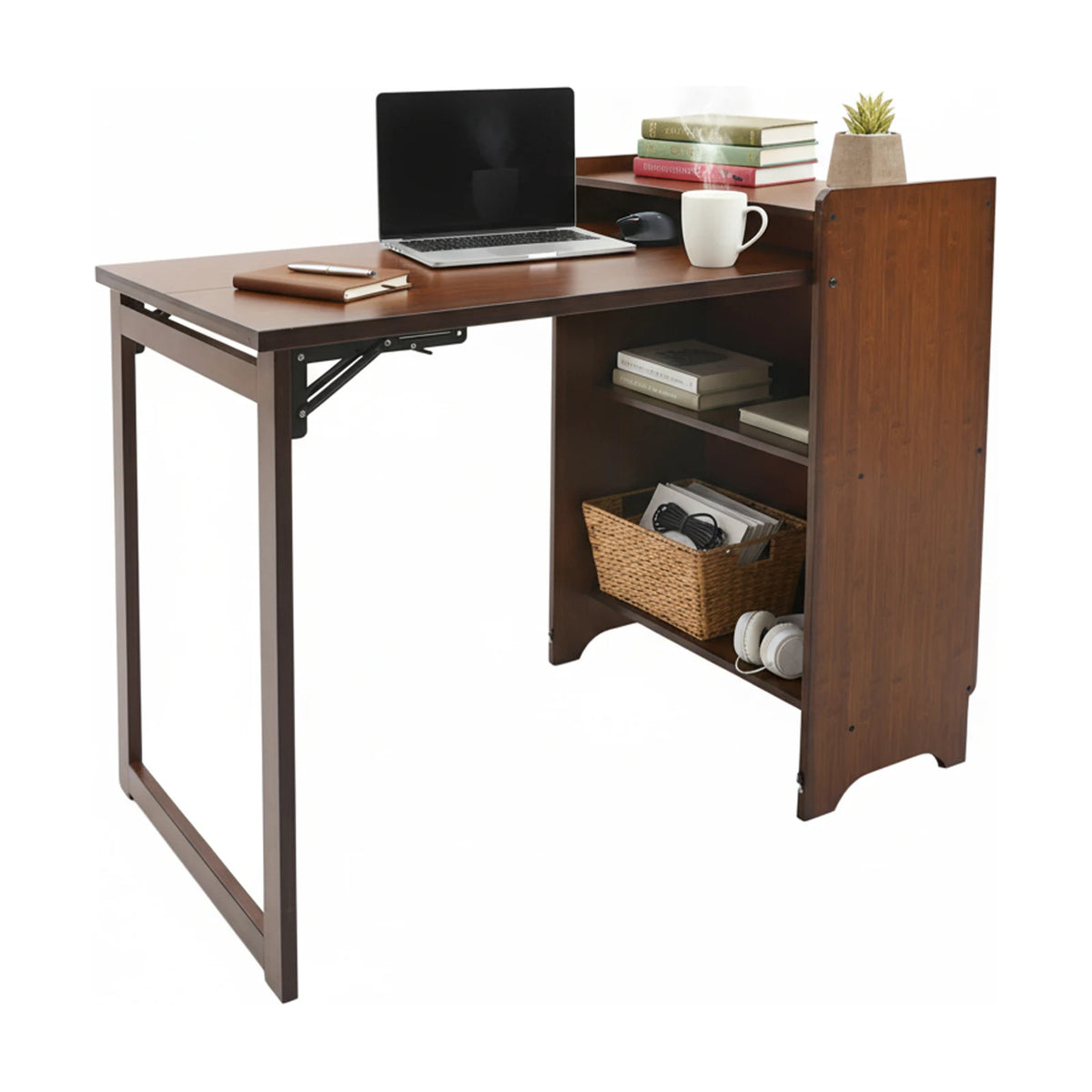 Bymaocar Folding Desk With Bookcase And Storage Shelves With Drop Down Table