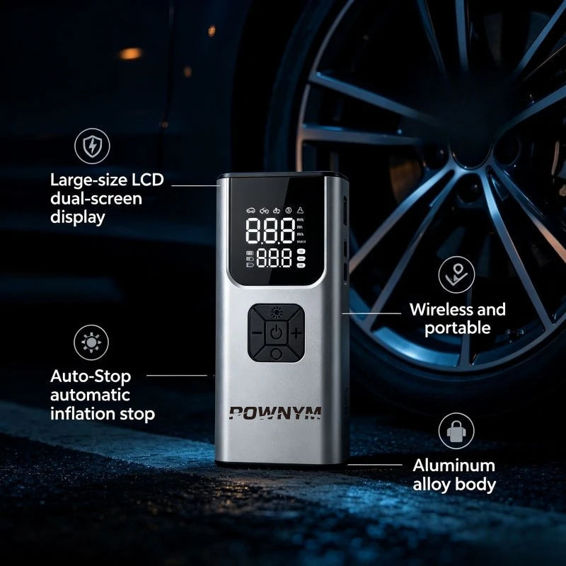 POWNYM Portable Tire Inflator Wireless With LED And Multifunctional Adapter