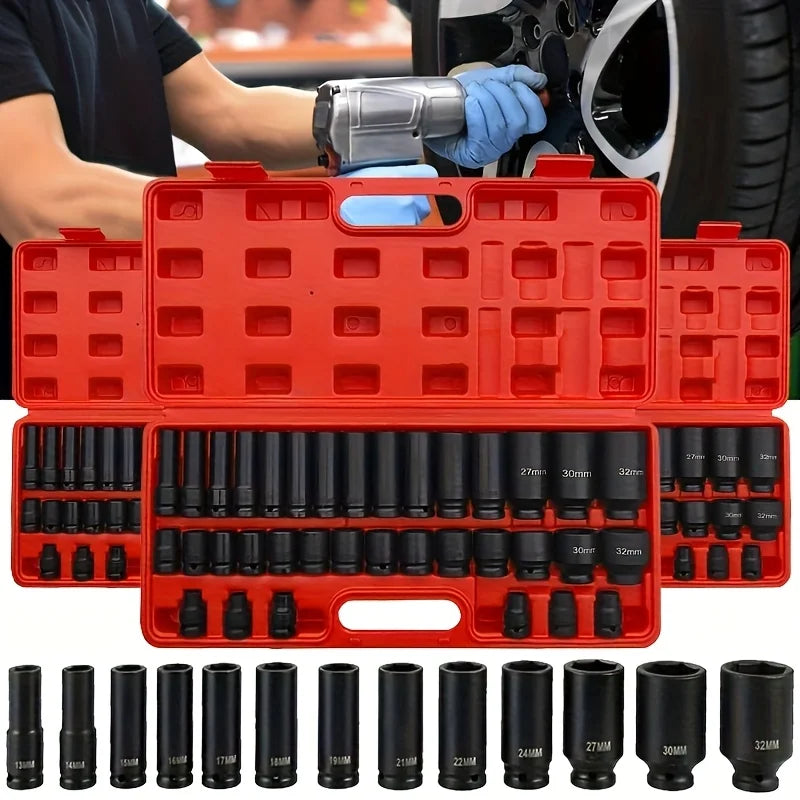 35pcs Impact Socket Set.35pcs 1/2-inch Professional Pneumatic Socket Set- Comprehensive Automotive Maintenance Kit, Including Long And Short Sockets, Pneumatic Impact Wrench, Hex Extension Bars And Rotating Tools for Convenie
