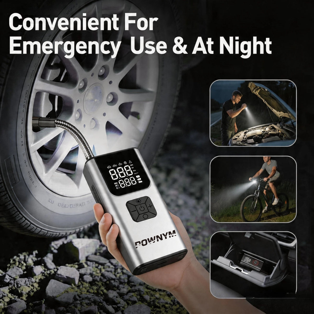 POWNYM Portable Tire Inflator Wireless With LED And Multifunctional Adapter