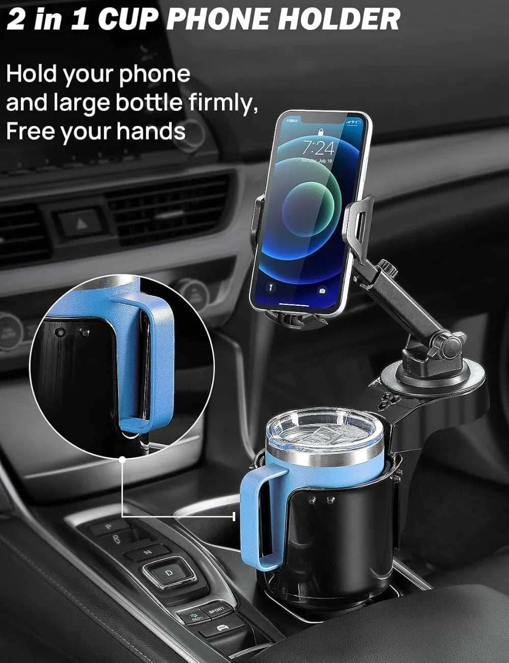 Car Cup Holder Phone Mount, Long Arm with 360° Rotation, Fits iPhone Samsung All Smartphones, Black 1 Pack