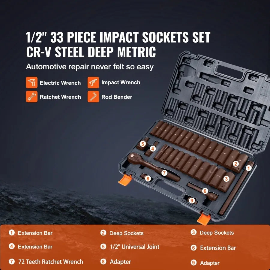 Impact Sockets Set 33pcs 6-Point 1/2in Drive Bit Ratchet Tool Kit in Durable Carrying Case for Automotive Repair and Heavy-Duty