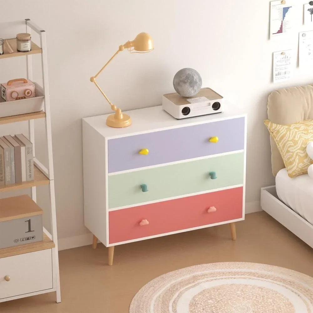 Children's Wooden 3-Drawer Nightstand with Storage Cabinet, Toddler Room Euro Glide Night Table for Child Safety and Organizatio