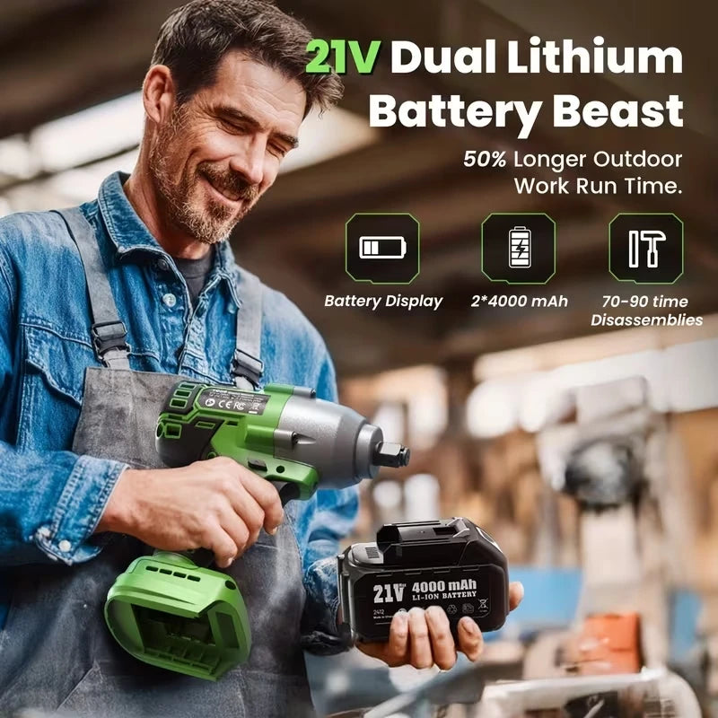 TaskStar 1600N.M 21V Cordless Impact Wrench with 3 Variable Speeds LED Light Sockets Brushless High Torque 1/2 Impact Gun Screwdriver Power Tools Car dismantling tools For Makita 18V Battery Pin
